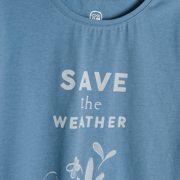 Light blue short sleeve blouse with SAVE THE WEATHER print