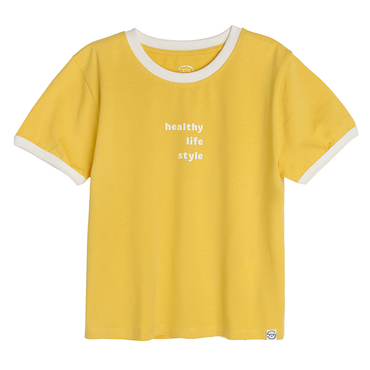 Yellow short sleeve blouse with HEALTHY LIFESTYLE print