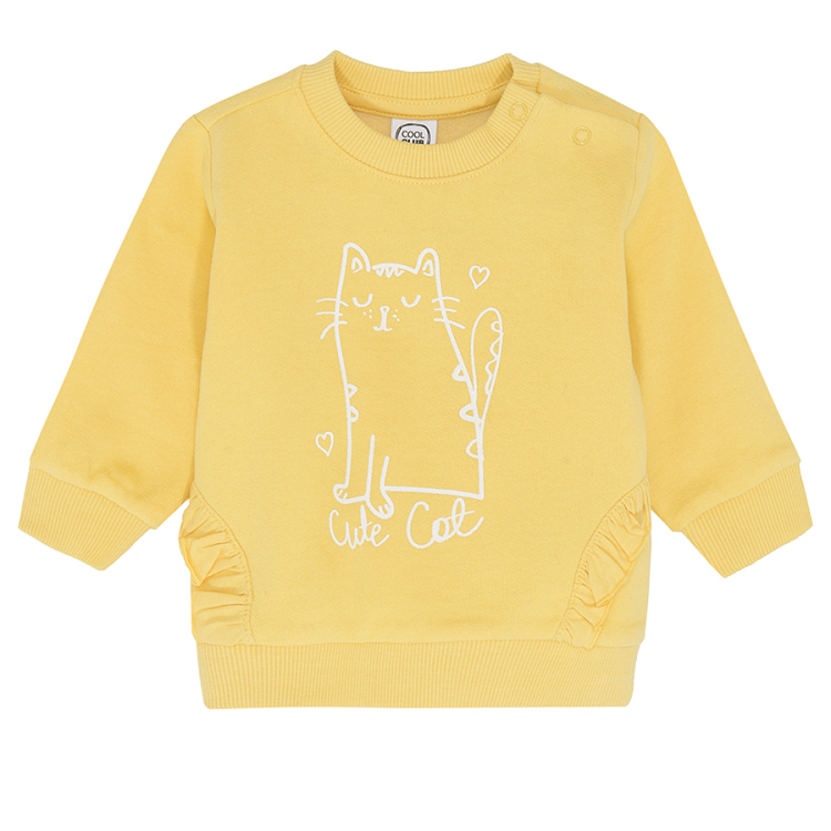 Yellow Cute Cat print sweaterhirt with ruffles on the side