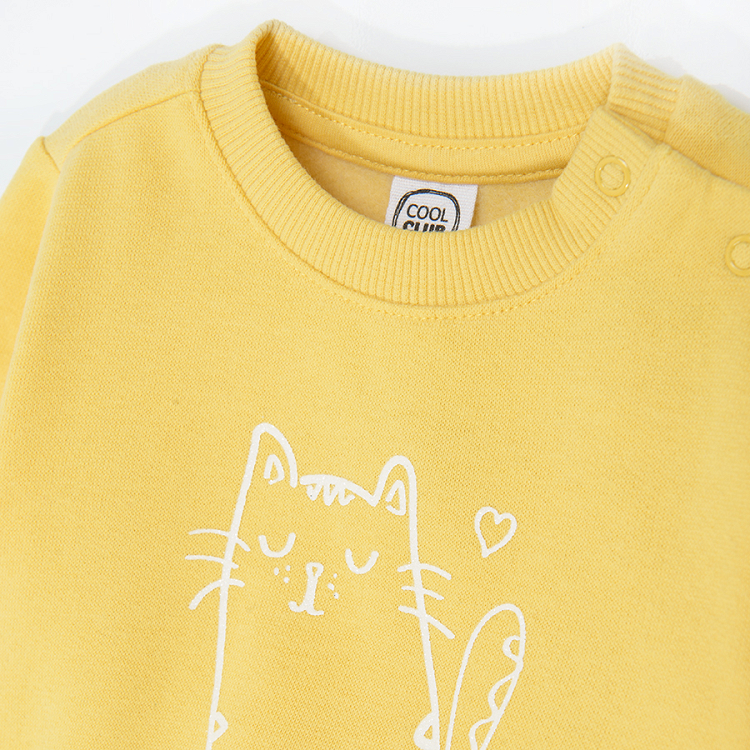 Yellow Cute Cat print sweaterhirt with ruffles on the side