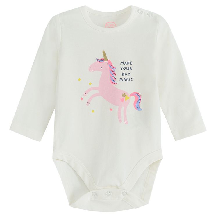 White long sleeve bodysuit with unicorn print