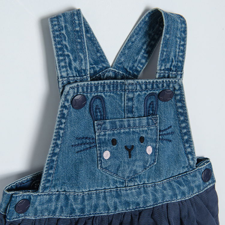 Dungaree jeans skirt with tulle and cat print