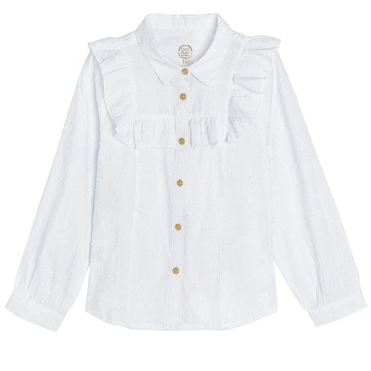 White long sleeve button down shirt with ruffle