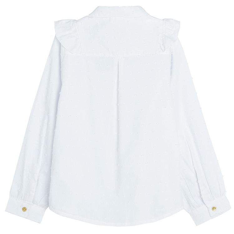 White long sleeve button down shirt with ruffle