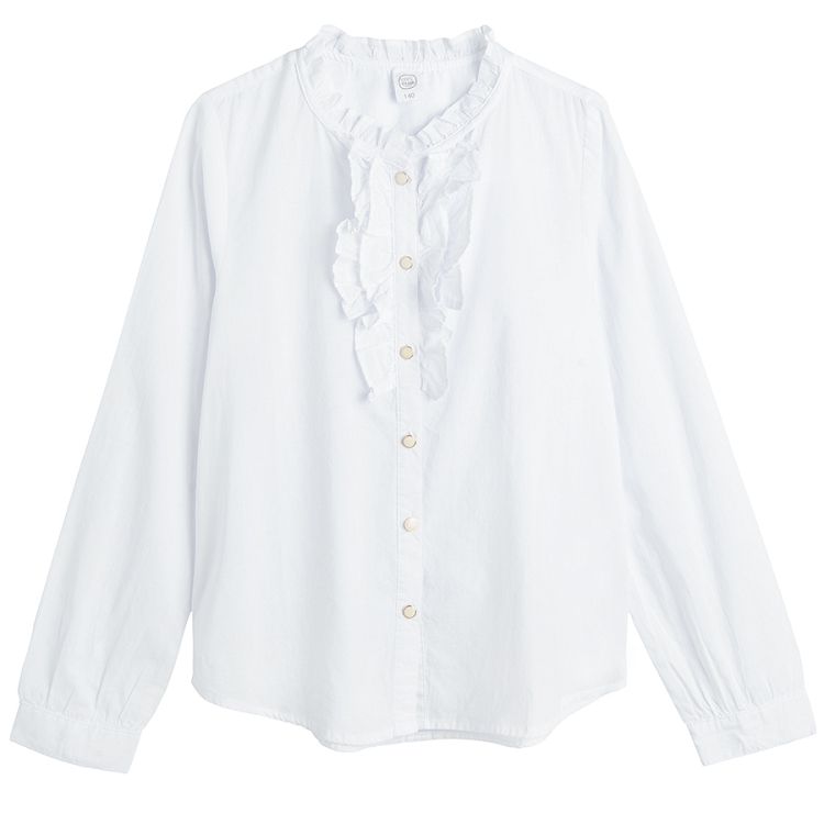 White long sleeve button down shirt with ruffles