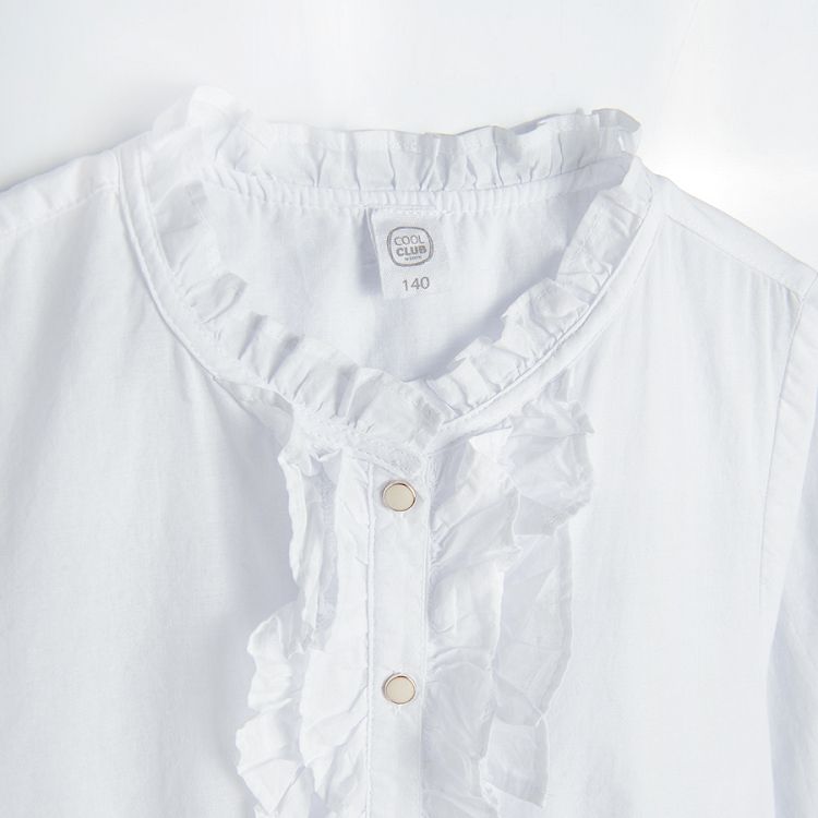 White long sleeve button down shirt with ruffles