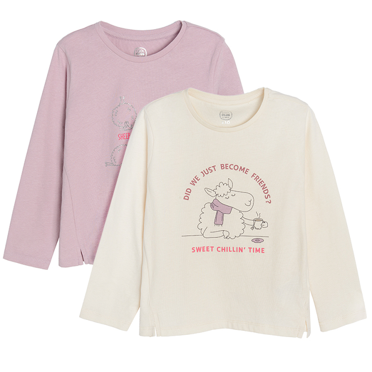 White and dusty pink long sleeve blouses with sheep print 2 pack