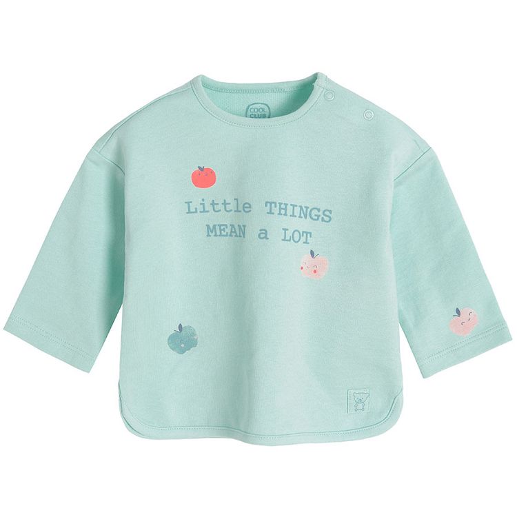 Light blue long sleeve blouse with "Little things mean a lot" print