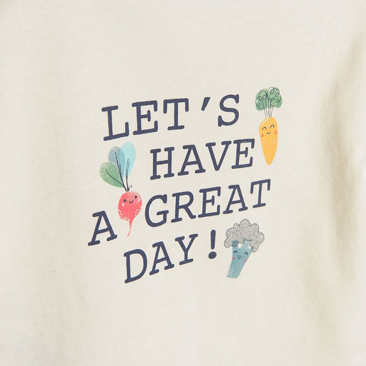 Short sleeve white blouse with *Lets have a great day* print and pink leggings