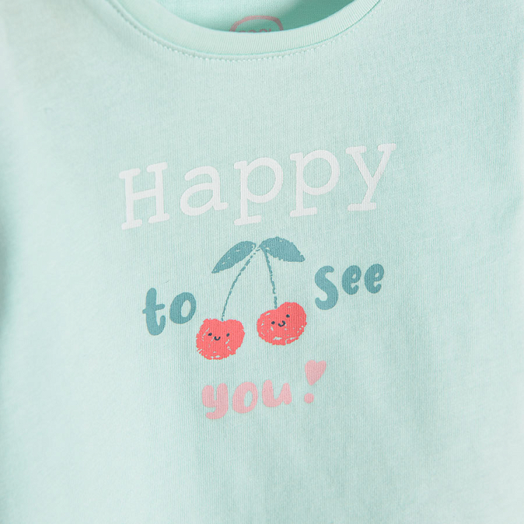 Light blue long sleeve blouse with "Hapy to see you" print and cherries