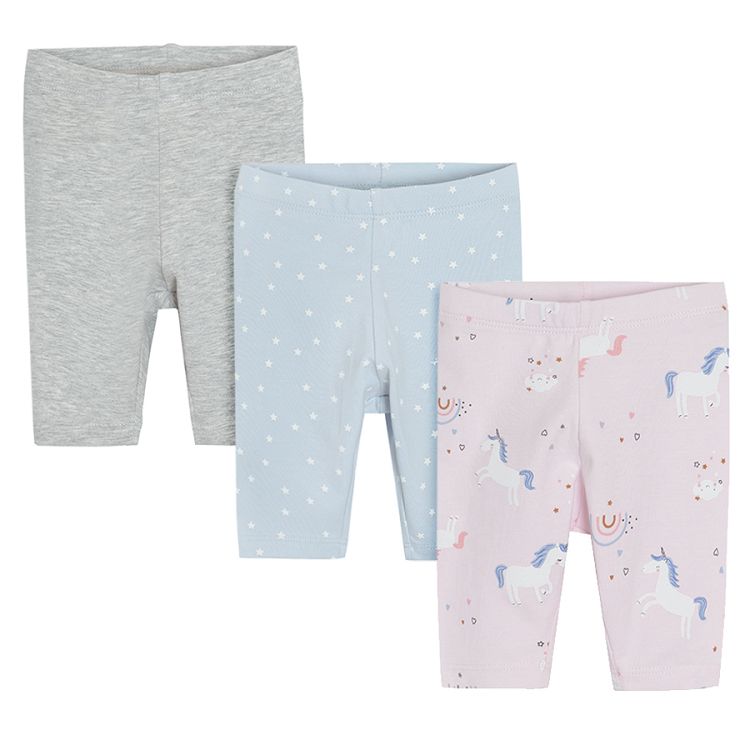 Pink with unicorns grey blue with stars 3/4 leggings - 3 pack