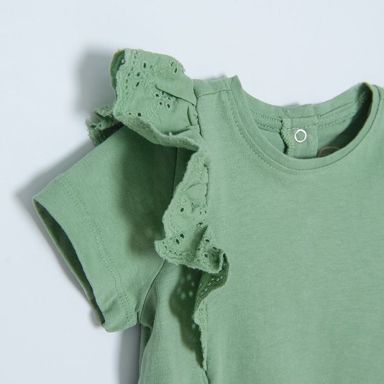 Olive short sleeve T-shirt with embroidered ruffle