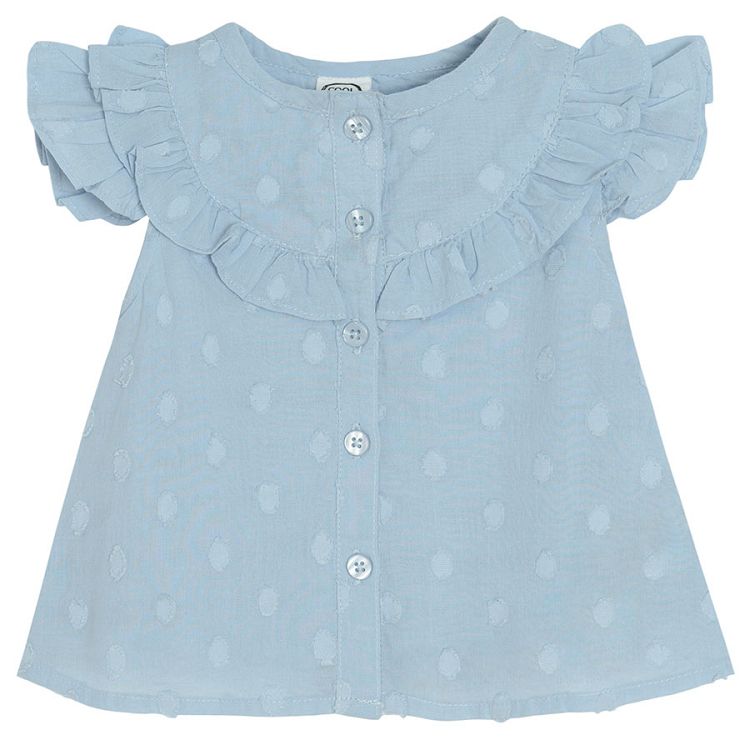 Light blue sleeveless shirt with ruffles around the neckline