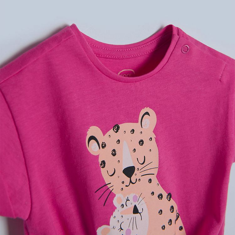 Fucshia short sleeve T-shirt mommy baby tiger print and knot on the front