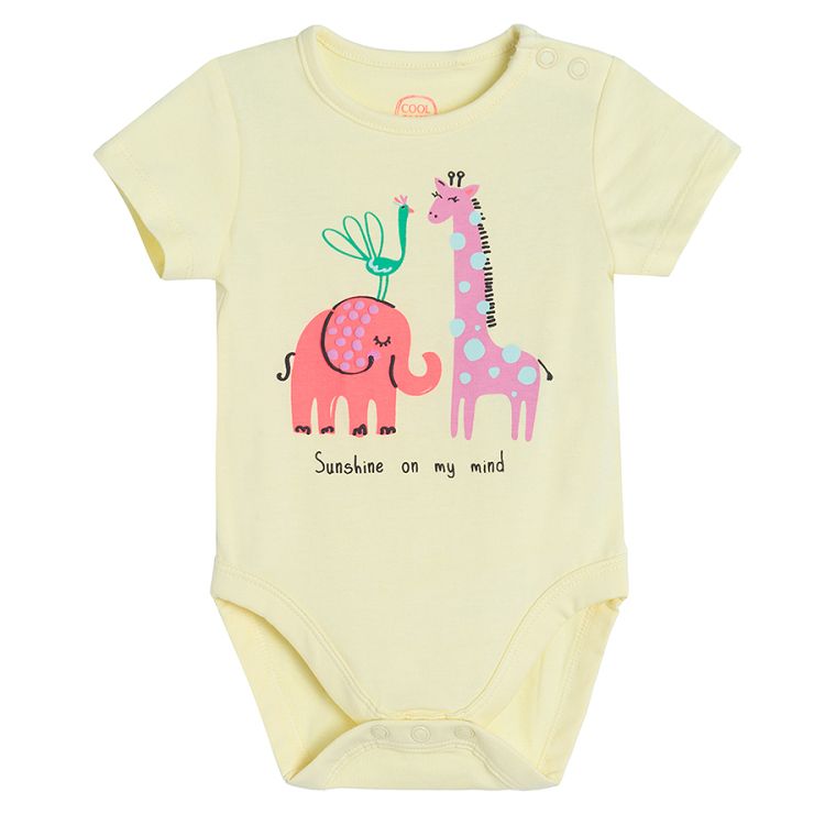 Yellow short sleeve bodysuit with elephant and gireaffe print