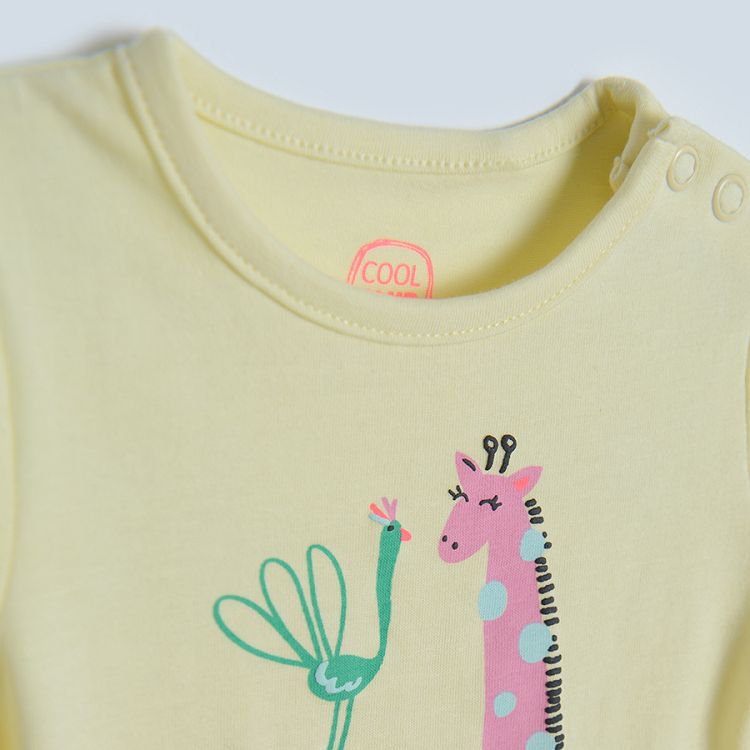 Yellow short sleeve bodysuit with elephant and gireaffe print