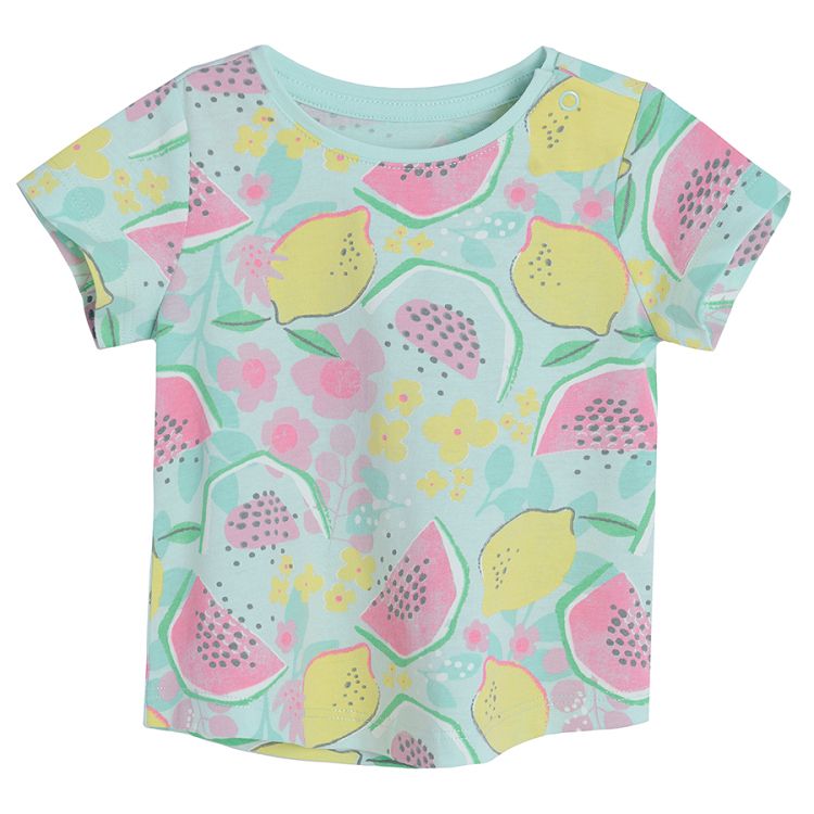 Light green short sleeve T-shirt with watermelons and lemons print