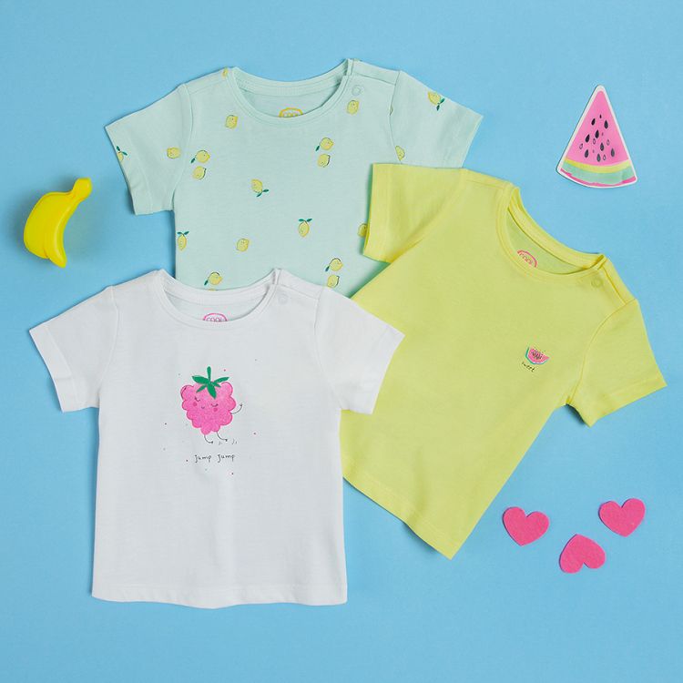 White with rasberry light green with lemons and yellow short sleeve T-shirts- 3 pack