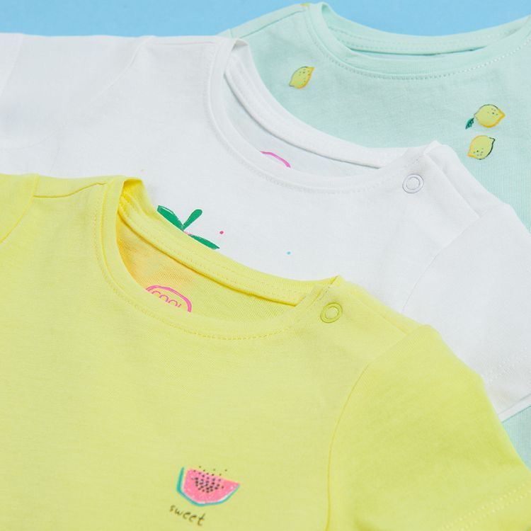 White with rasberry light green with lemons and yellow short sleeve T-shirts- 3 pack