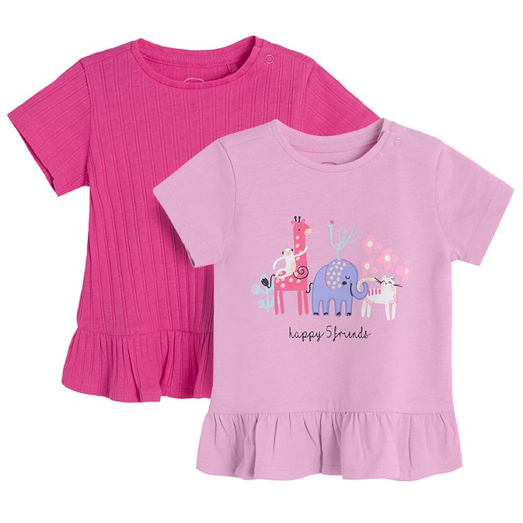 Light pink with jungle animals and fuschia short sleeve T-shirts - 2 pack