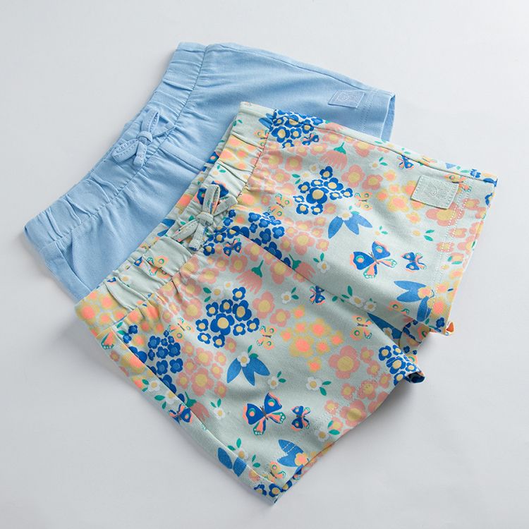 Light blue and floral shorts with adjustable waist- 2 pack