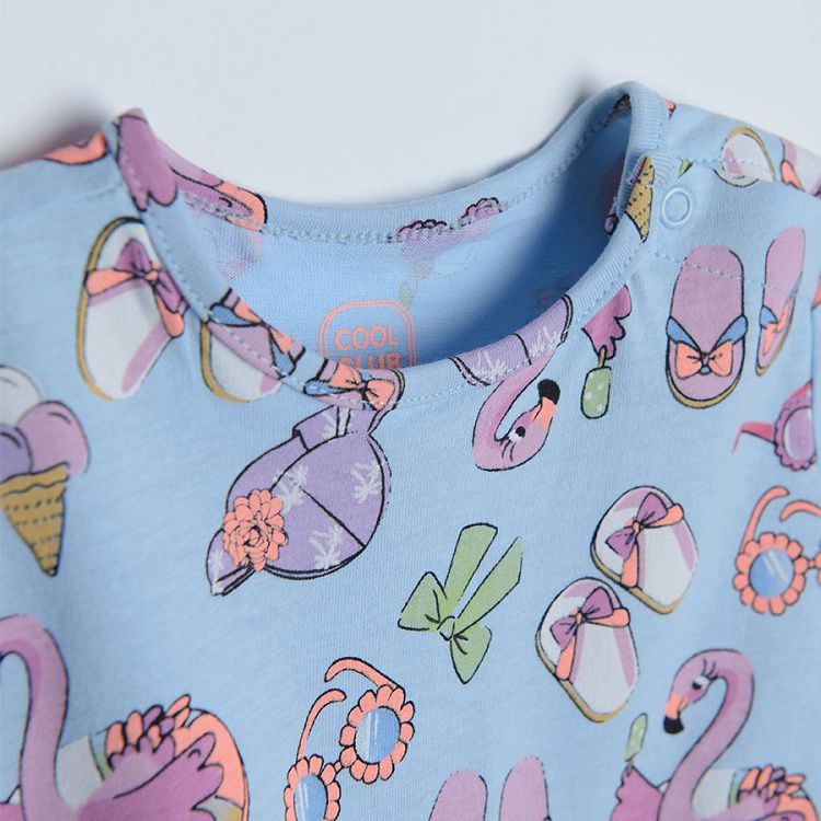 Light blue short sleeve summer dress with summer theme print and flamingos