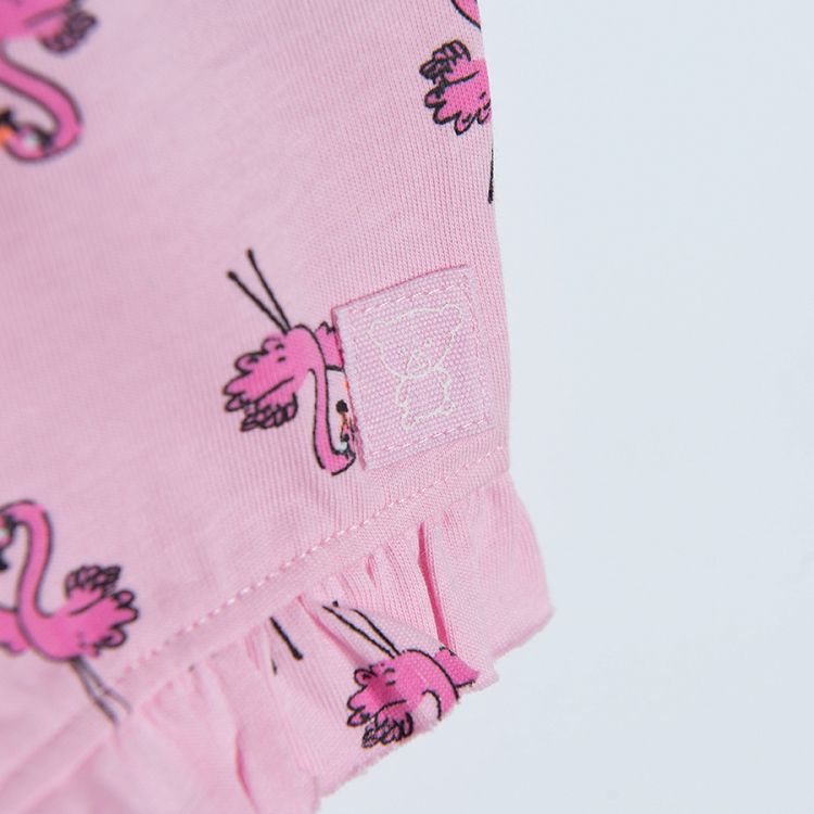 Pink shorts with flamingo print adjustabel waist and ruffle on the legs