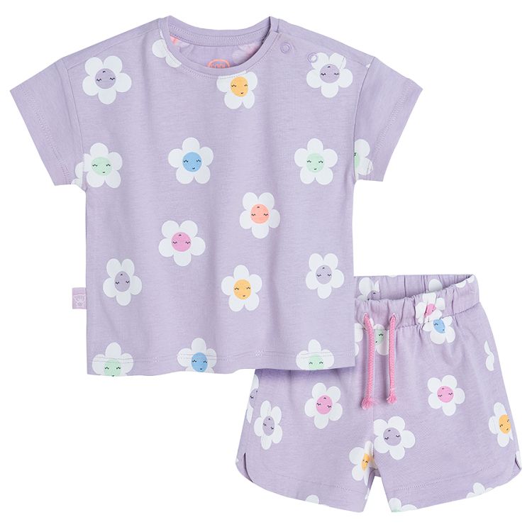 Violet short sleeve T-shirt and shorts with white flowers print