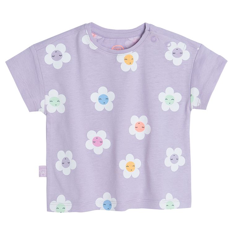 Violet short sleeve T-shirt and shorts with white flowers print