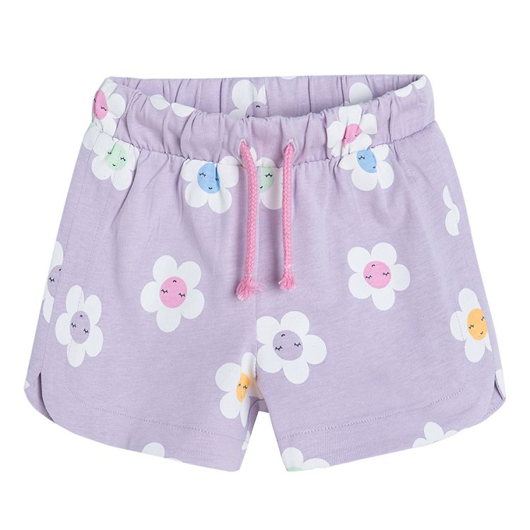 Violet short sleeve T-shirt and shorts with white flowers print