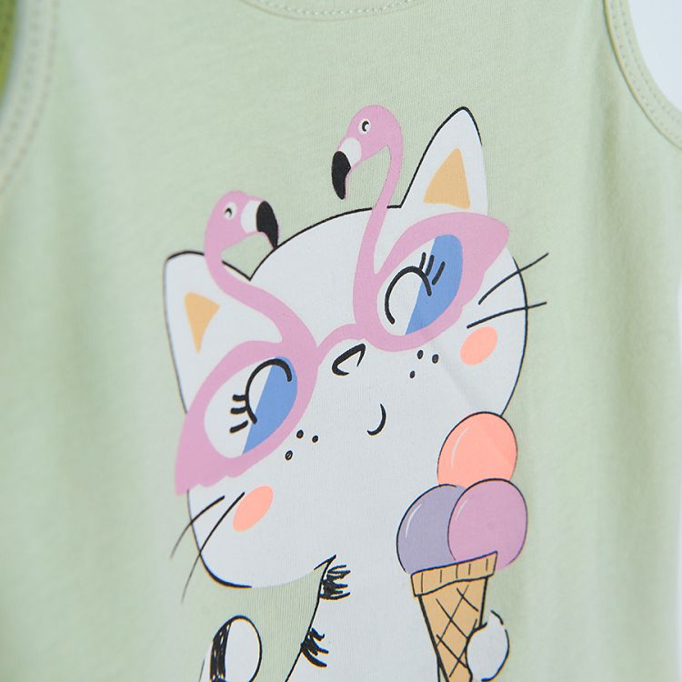 Light green sleeveless T-shirt with kitten eating ice- cream print