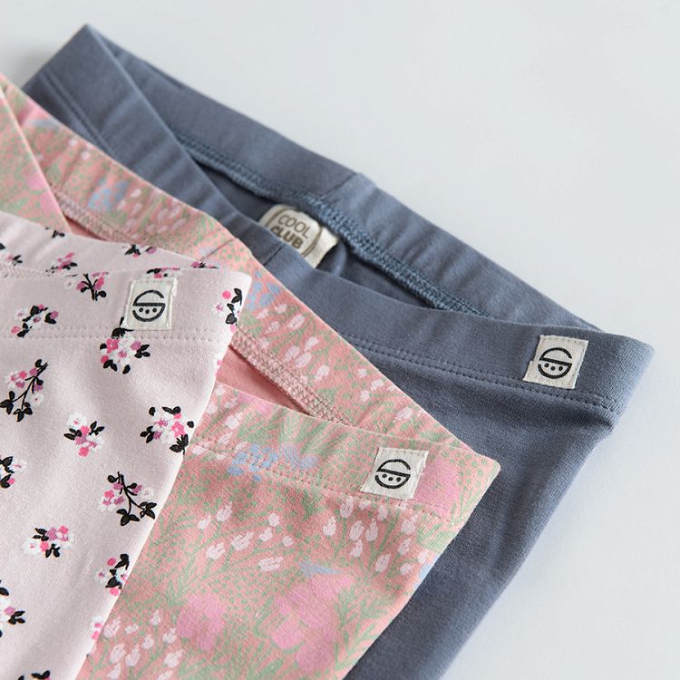 Grey light pink and coral floral leggings - 3 pack