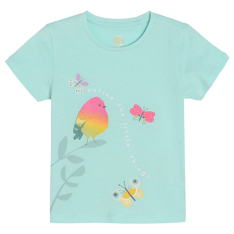 Turquoise short sleeve T-shirt with bird and butterflies print