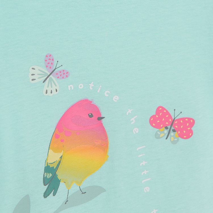 Turquoise short sleeve T-shirt with bird and butterflies print