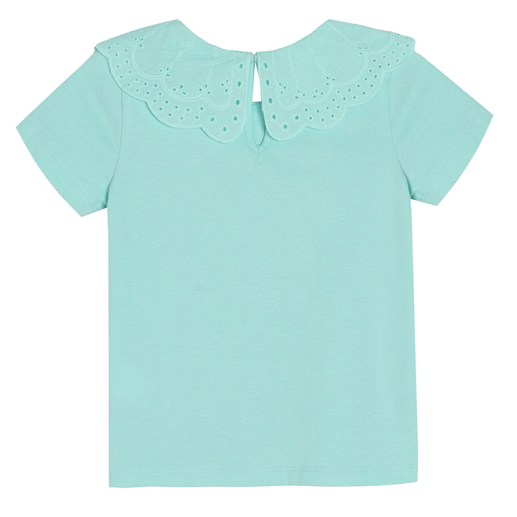 Turquoise short sleeve blouse with embroidered collar