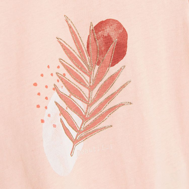 Pink short sleeve T-shirt with leaf print