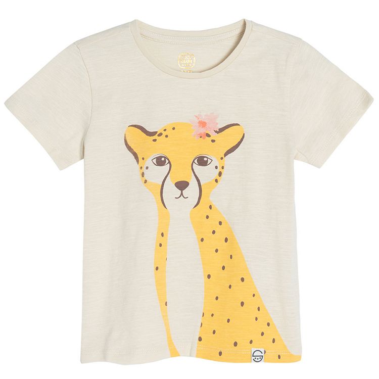 Beige short sleeve T-shirt with leopard print