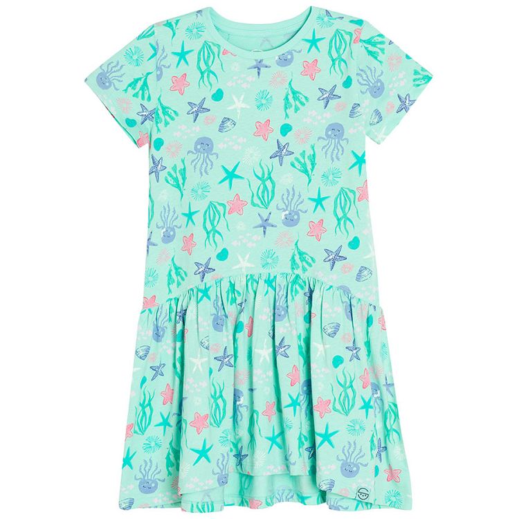 Turquoise short sleeve summer dress with sea world print