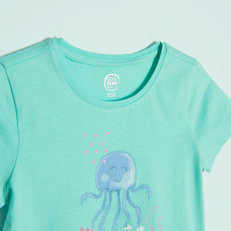 Turquoise short sleeve T-shirt with sea world print