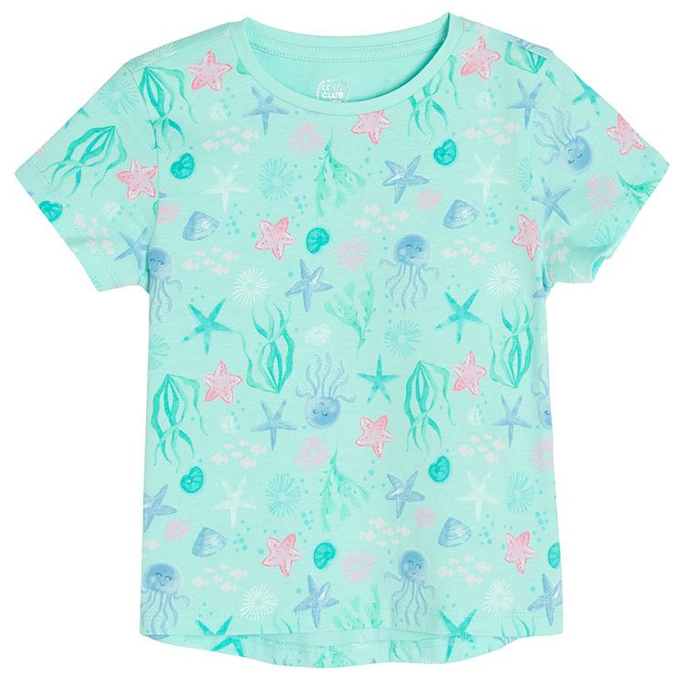 Turquoise short sleeve T-shirt with sea world print