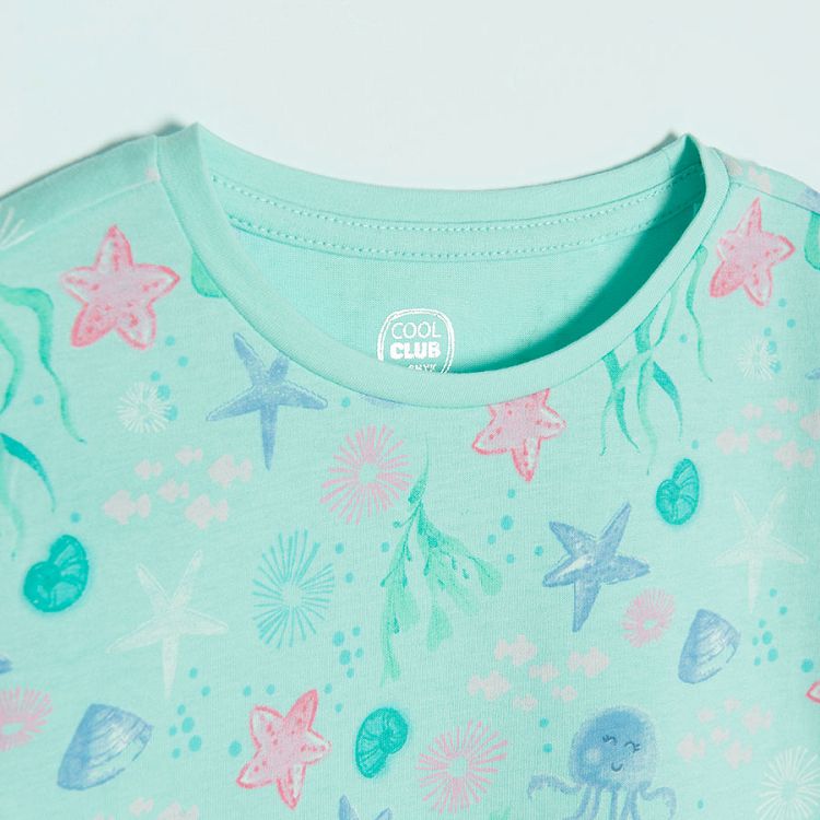 Turquoise short sleeve T-shirt with sea world print