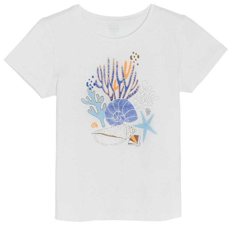 White short sleeve T-shirt with sea world print and blue trousers with white prints set