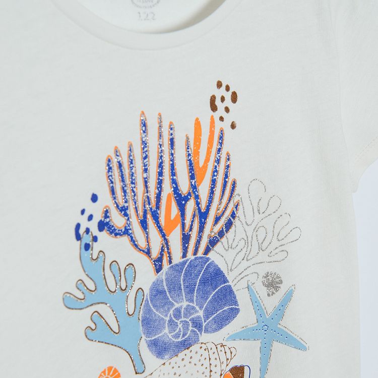 White short sleeve T-shirt with sea world print and blue trousers with white prints set