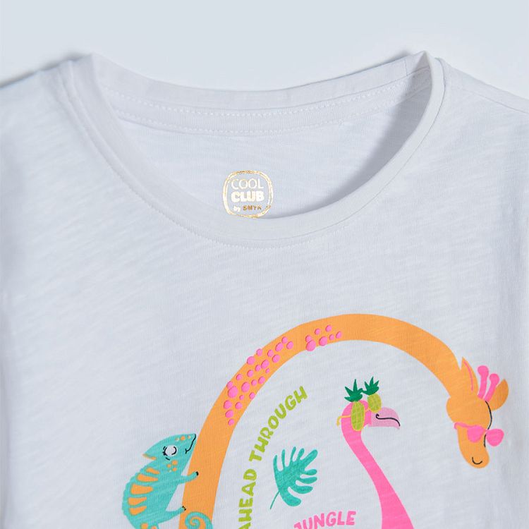 White with animals pink with tropical leaves and yellow short sleeve T-shirts- 3 pack