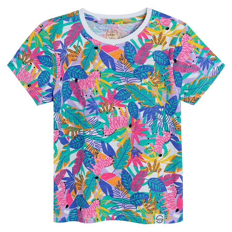 White with animals pink with tropical leaves and yellow short sleeve T-shirts- 3 pack