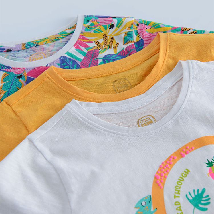 White with animals pink with tropical leaves and yellow short sleeve T-shirts- 3 pack