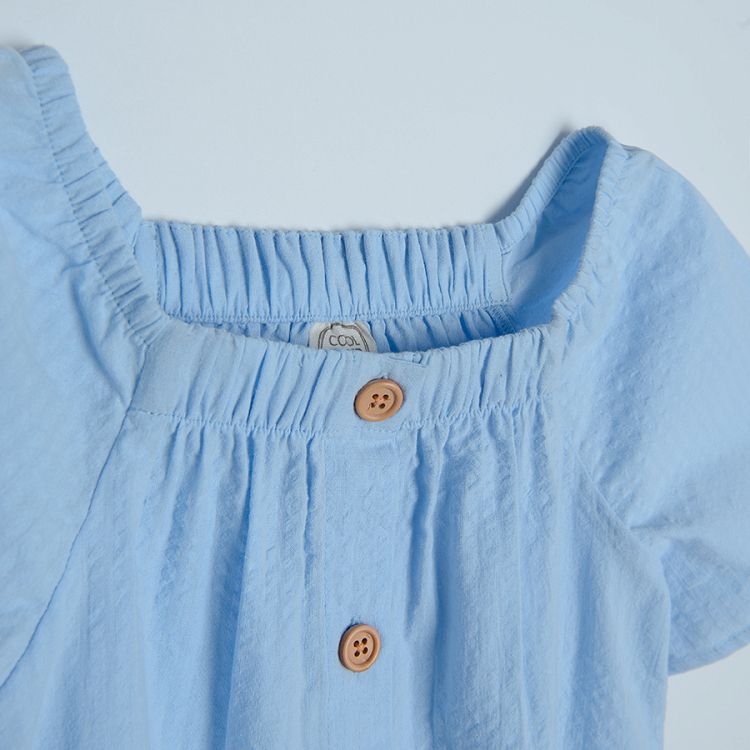 Blue short sleeve blouse with buttons and square neckline