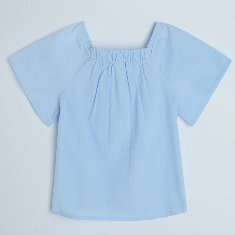 Blue short sleeve blouse with buttons and square neckline