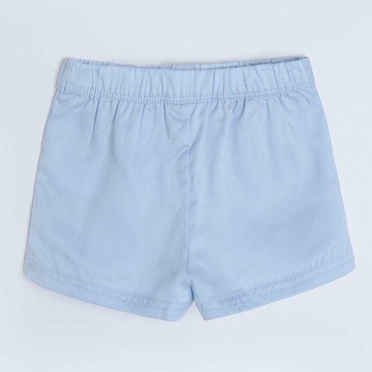 Blue shorts with elastic waist that ties in a knot