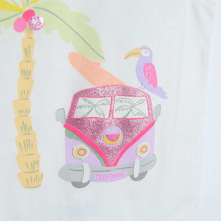 White sleeveless T-shirt with truck parrot palm tree print